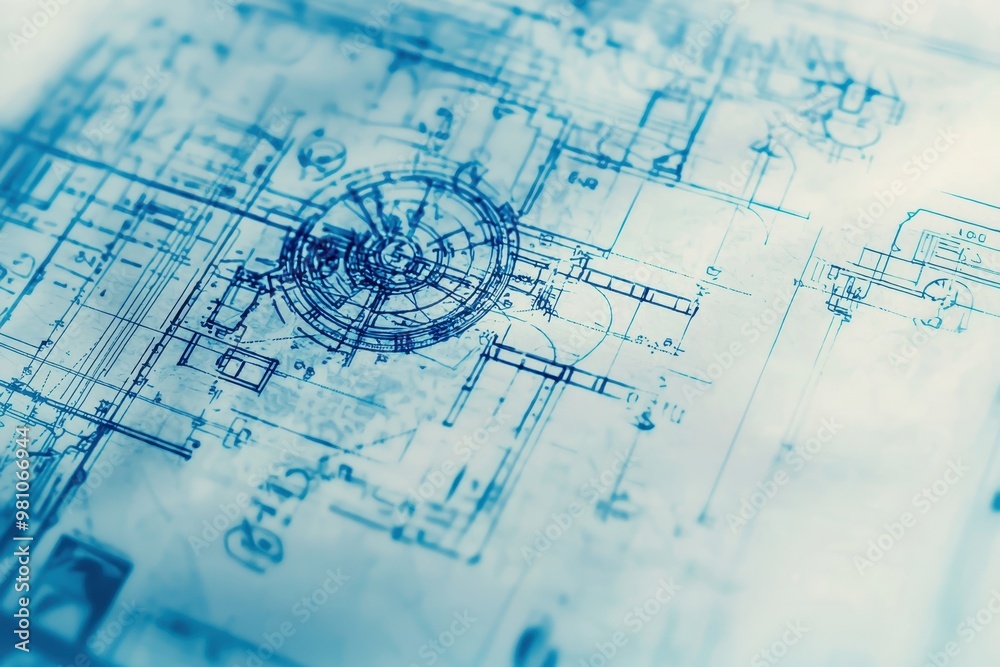 Detailed technical blueprint with mechanical sketches in blue, showcasing engineering and design concepts on a blurred background. Detailed technical blueprint with mechanical sketches in blue, showcasing engineering and design concepts on a blurred background.