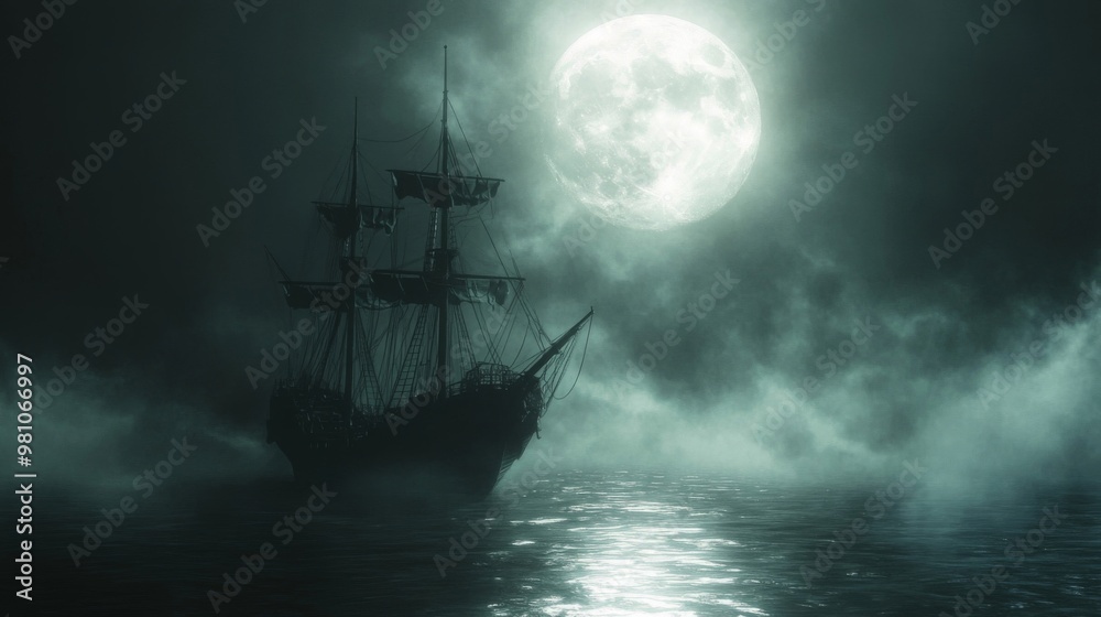 A Ghostly Ship Sailing Under a Full Moon in a Foggy Sea A Ghostly Ship Sailing Under a Full Moon in a Foggy Sea