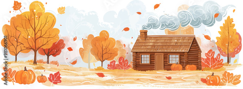 Cozy autumn cabin with smoke rising from the chimney, pumpkins, and colorful leaves, flat, vector illustration in watercolor style.
