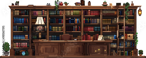 Craft pixel art of a cozy library with books, pixel art on white isolated background, vector design