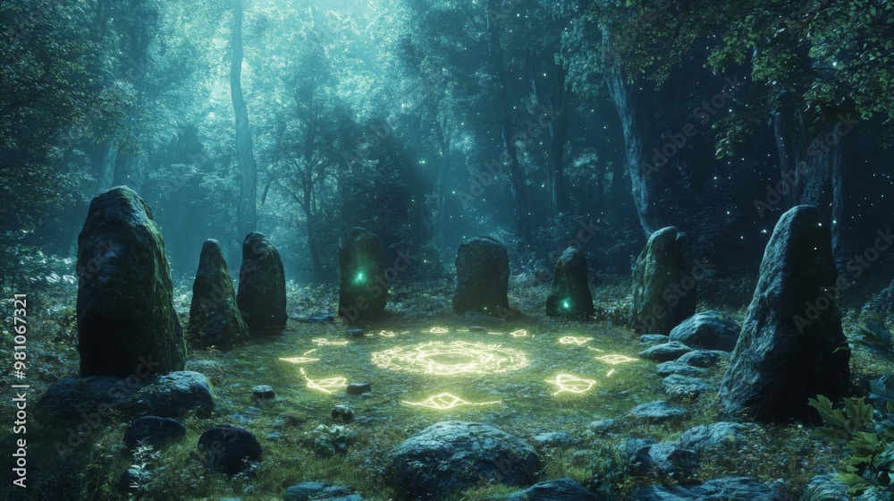 A Glowing Magic Circle Surrounded by Standing Stones in a Mystical Forest A Glowing Magic Circle Surrounded by Standing Stones in a Mystical Forest