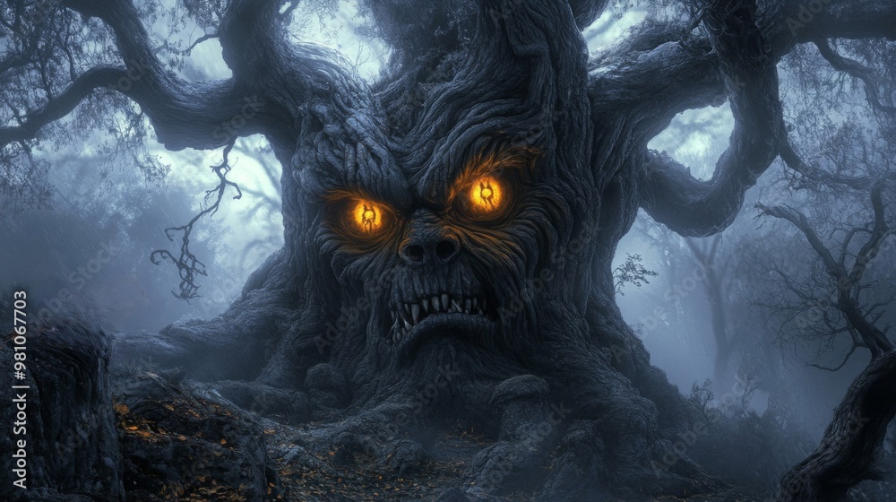 A Glowing-Eyed, Fanged Tree Monster in a Foggy Forest A Glowing-Eyed, Fanged Tree Monster in a Foggy Forest