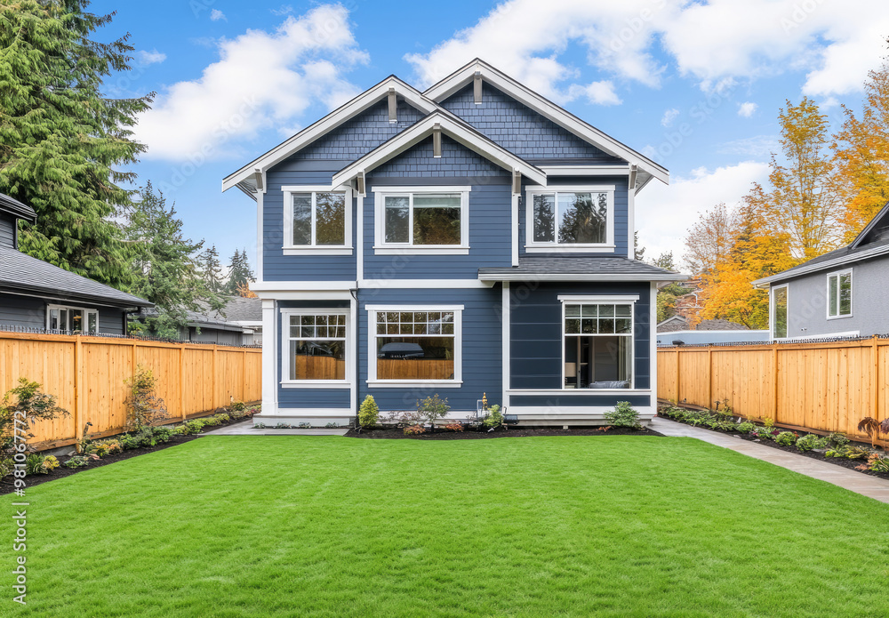Obraz premium A modern two-story home with blue-gray walls and white trim, green grass in the yard surrounded by a wooden fence, and a backyard landscape design.