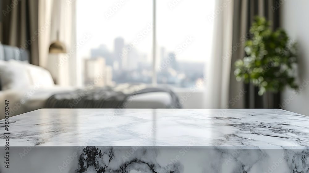 A marble table in a blurred modern bedroom setting, suggesting elegance and comfort. A marble table in a blurred modern bedroom setting, suggesting elegance and comfort.