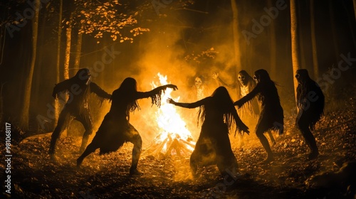 Silhouetted figures in hooded robes performing a ritual around a fire in a dark forest.