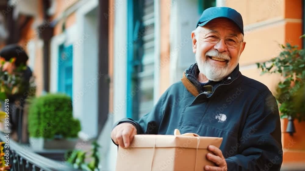 A delivery person hands over a beautifully wrapped package to an elderly man standing on his balcony A delivery person hands over a beautifully wrapped package to an elderly man standing on his balcony