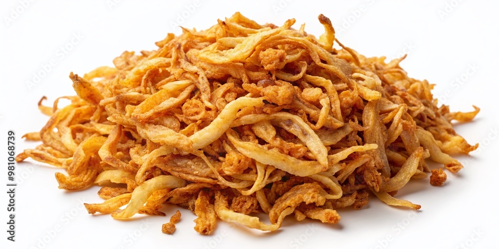 Golden crispy fried onions forming a mouthwatering heap isolated on white background, showcasing crunchy roasted onion flakes in a stunning top view flat lay composition. Golden crispy fried onions forming a mouthwatering heap isolated on white background, showcasing crunchy roasted onion flakes in a stunning top view flat lay composition.