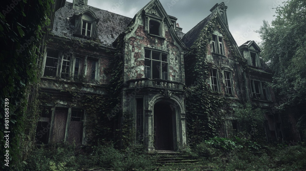 Overgrown Abandoned Mansion with a Dark Entrance Overgrown Abandoned Mansion with a Dark Entrance