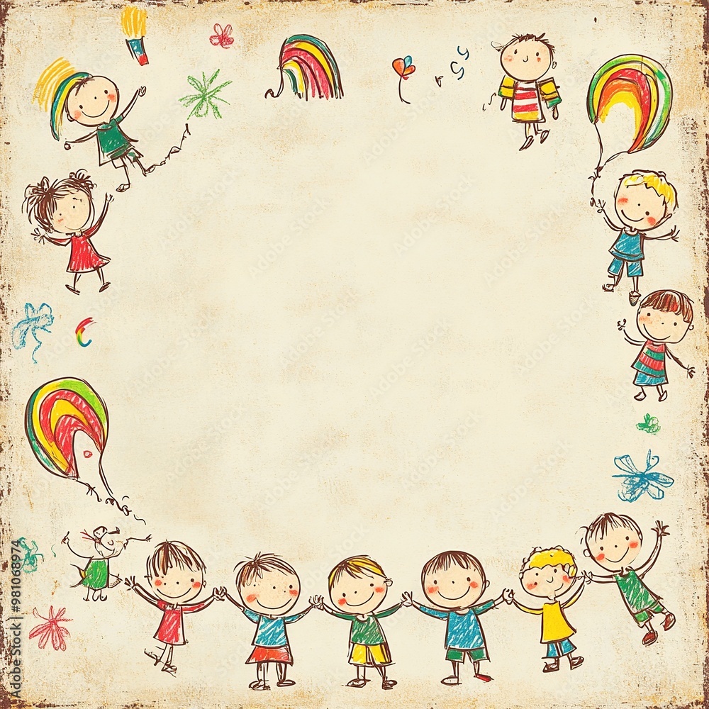 A playful background with colorful illustrations of children playing around the borders, leaving a blank space in the middle for text, perfect for kid-themed content A playful background with colorful illustrations of children playing around the borders, leaving a blank space in the middle for text, perfect for kid-themed content