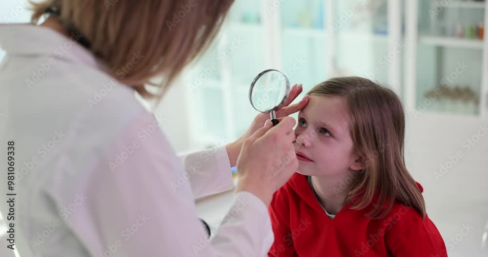 Doctor examines eye of little girl with magnifying glass. Vision problem in children