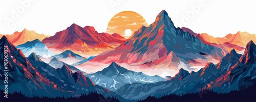 Create pixelated landscape with mountains and sunset, pixel art on white isolated background, vector design.