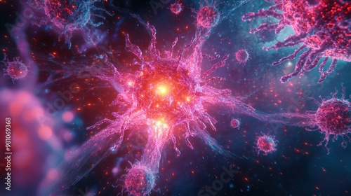 A glowing 3D virus particle surrounded by bright antibodies in an immune system battle concept.