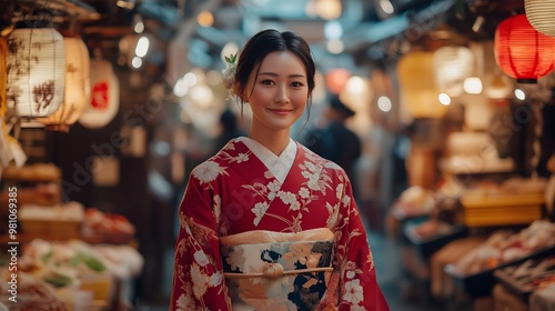 young japanese woman radiates elegance in a traditional red kimono, smiling amid lantern-lit streets of a bustling market