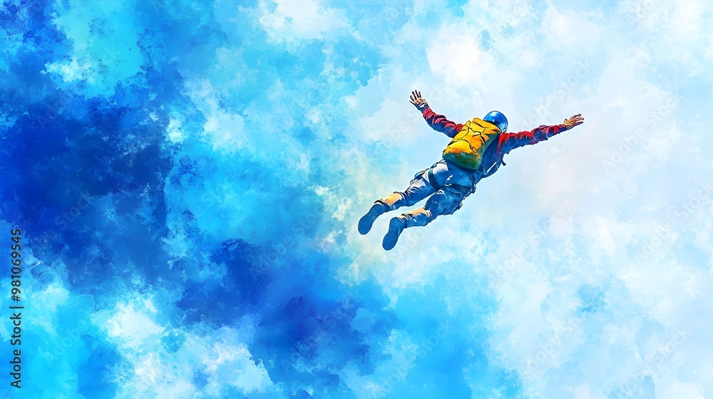Thrilling Daring Skydiver Performing Gravity Defying Aerial Maneuver Against Vibrant Blue Sky Thrilling Daring Skydiver Performing Gravity Defying Aerial Maneuver Against Vibrant Blue Sky