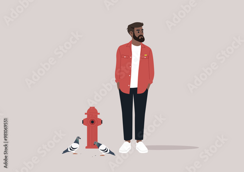 A bearded man in a casual outfit stands beside a red fire hydrant, observing pigeons at play on a serene urban street during a sunny day, embodying a moment of everyday life