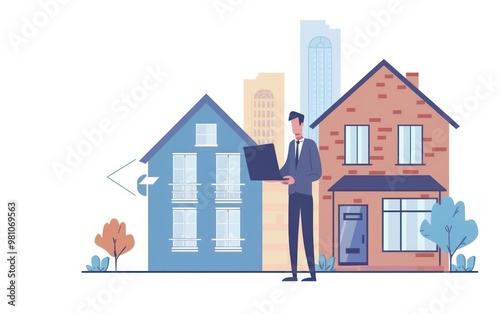 Illustration of a real estate agent with houses and cityscape. Real estate and property management concept.