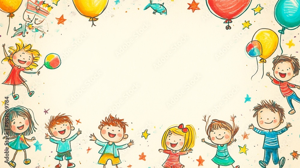 A playful background with colorful illustrations of children playing around the borders, leaving a blank space in the middle for text, perfect for kid-themed content A playful background with colorful illustrations of children playing around the borders, leaving a blank space in the middle for text, perfect for kid-themed content