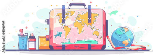 Suitcase with travel essentials and world map on a clean white surface. Vector flat isolated illustration.