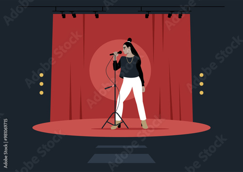 A talented stage singer captivates the audience with her powerful performance under the spotlight in an intimate venue decorated with vibrant red curtains