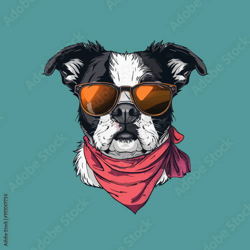 Cute dog wearing sunglasses and a bandana, playful and cool, vector illustration for t-shirt, flat style.