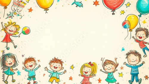 A playful background with colorful illustrations of children playing around the borders, leaving a blank space in the middle for text, perfect for kid-themed content