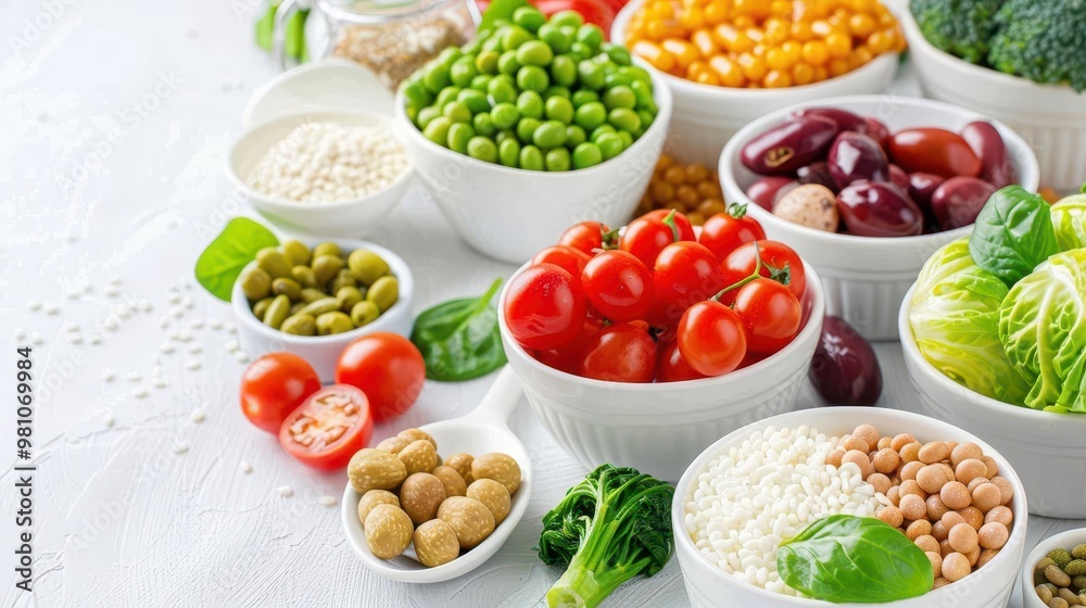 A variety of fresh vegetables and legumes arranged beautifully in bowls, perfect for healthy eating and cooking inspirations. A variety of fresh vegetables and legumes arranged beautifully in bowls, perfect for healthy eating and cooking inspirations.