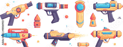 Toy lasers on a white backdrop. Vector flat isolated