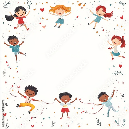Wallpaper Mural A playful background with colorful illustrations of children playing around the borders, leaving a blank space in the middle for text, perfect for kid-themed content Torontodigital.ca