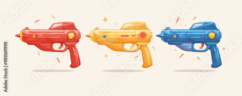 Toy ray guns on a white backdrop. Vector flat isolated illustration.