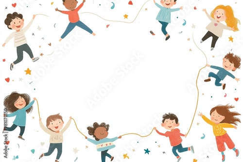 A playful background with colorful illustrations of children playing around the borders, leaving a blank space in the middle for text, perfect for kid-themed content