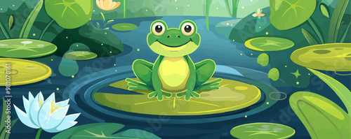 Cute frog sitting on a lily pad with a pond background, amphibian charm, vector illustration for t-shirt, flat style.