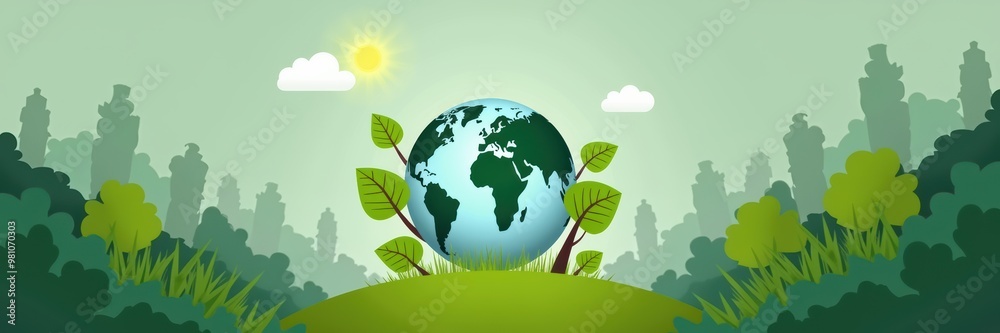 Naklejka premium A vibrant illustration of Earth surrounded by green leaves, symbolizing environmental protection and sustainability. Ideal for eco-friendly projects and campaigns.