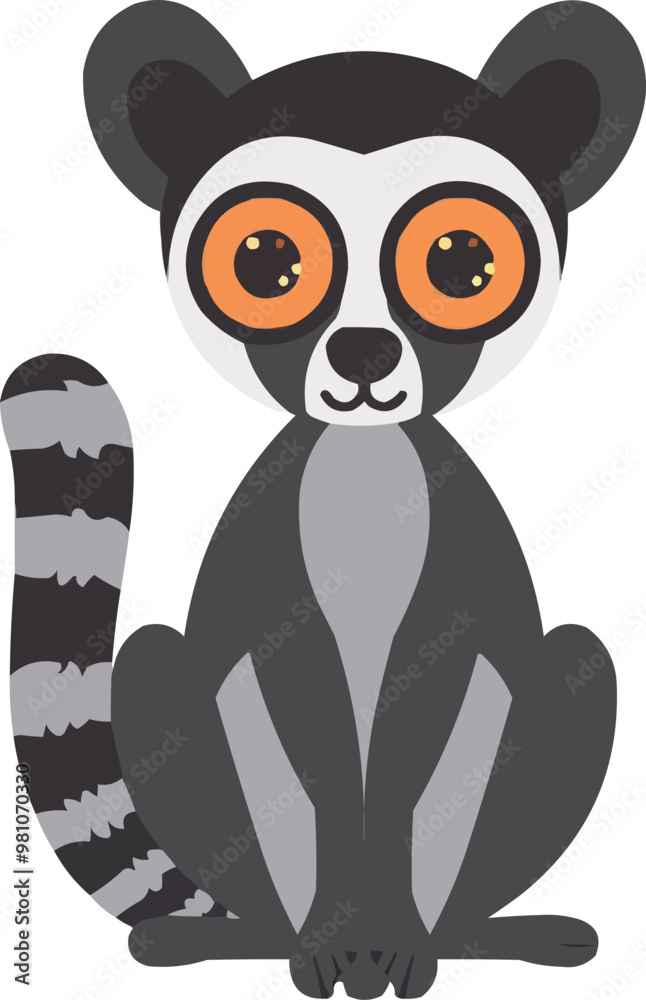 Naklejka premium Cute lemur icon flat on white isolated background, vector design.