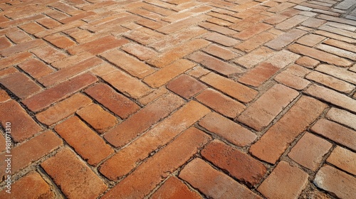 Paved Brick Pathway in Herringbone Design on Textured Red Brick Background