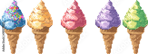 A row of colorful ice cream cones with different flavors