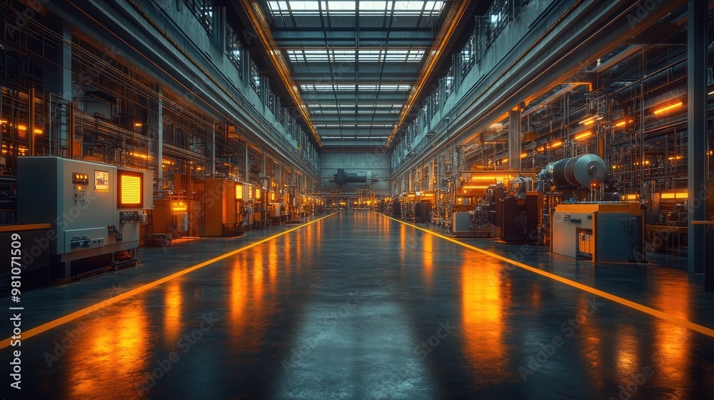 High-Tech Factory Interior Showcasing Advanced Machinery and Clean Workspace for Industrial Use
