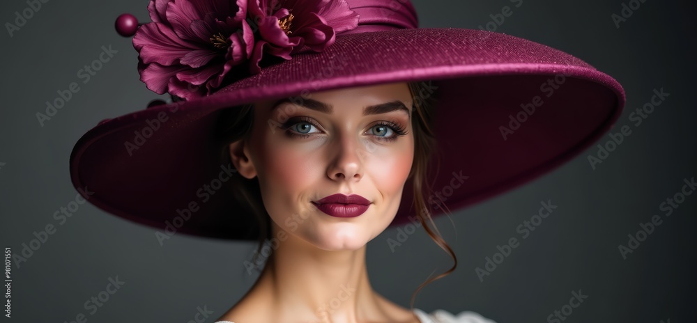 Elegant woman in a sophisticated hat adorned with flowers, embodying fashion and glamour. Perfect for beauty, fashion, and lifestyle marketing.