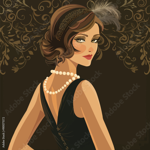 A woman in a black dress with a pearl necklace and a feather headband. She is smiling and looking at the camera