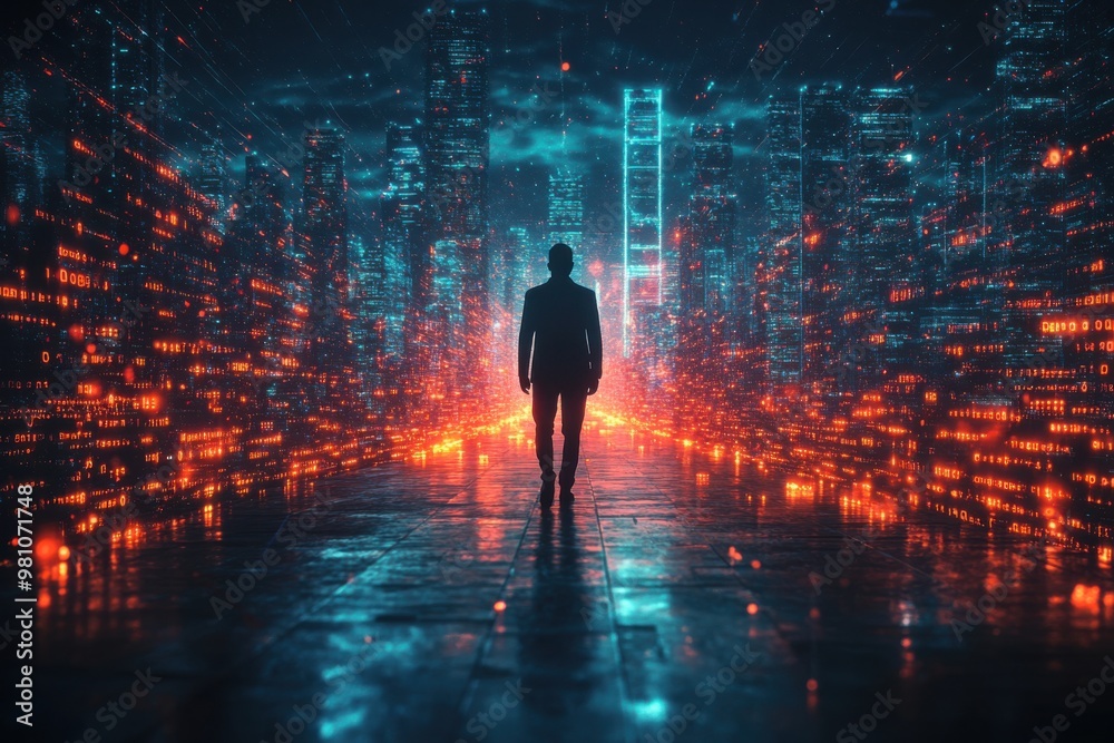 Businessman silhouette walking on a path of glowing ideas leading toward a futuristic city, innovation journey, creative business path concept. Businessman silhouette walking on a path of glowing ideas leading toward a futuristic city, innovation journey, creative business path concept.