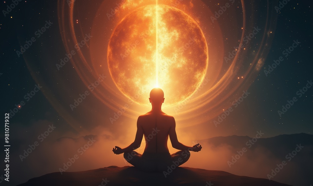 A serene silhouette meditating against a radiant sun, symbolizing inner peace, spirituality, and self-discovery. Perfect for wellness, mindfulness, and motivational themes. A serene silhouette meditating against a radiant sun, symbolizing inner peace, spirituality, and self-discovery. Perfect for wellness, mindfulness, and motivational themes.