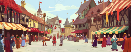 Detailed medieval marketplace with merchants, shoppers, and lively activity, flat, vector illustration, Sketch.
