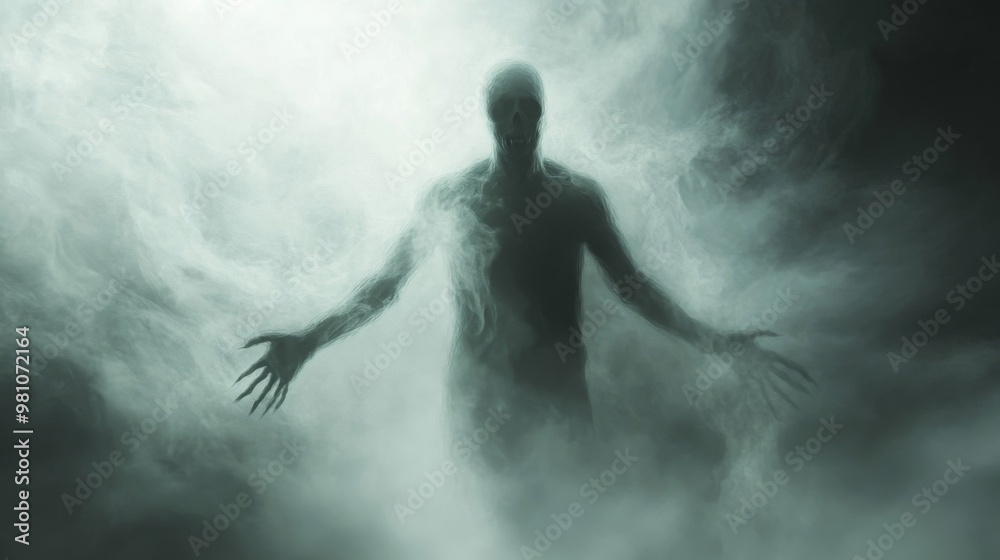 A spectral figure emerging from a swirling cloud of smoke, its clawed hands outstretched. A spectral figure emerging from a swirling cloud of smoke, its clawed hands outstretched.
