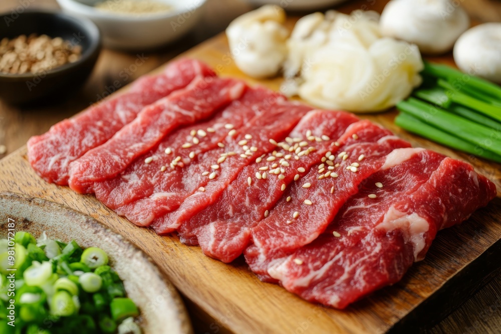 freshly sliced beef strips arranged artfully on a wooden cutting board, surrounded by an assortment of japanese ingredients like green onions, shiitake mushrooms, and sesame seeds freshly sliced beef strips arranged artfully on a wooden cutting board, surrounded by an assortment of japanese ingredients like green onions, shiitake mushrooms, and sesame seeds
