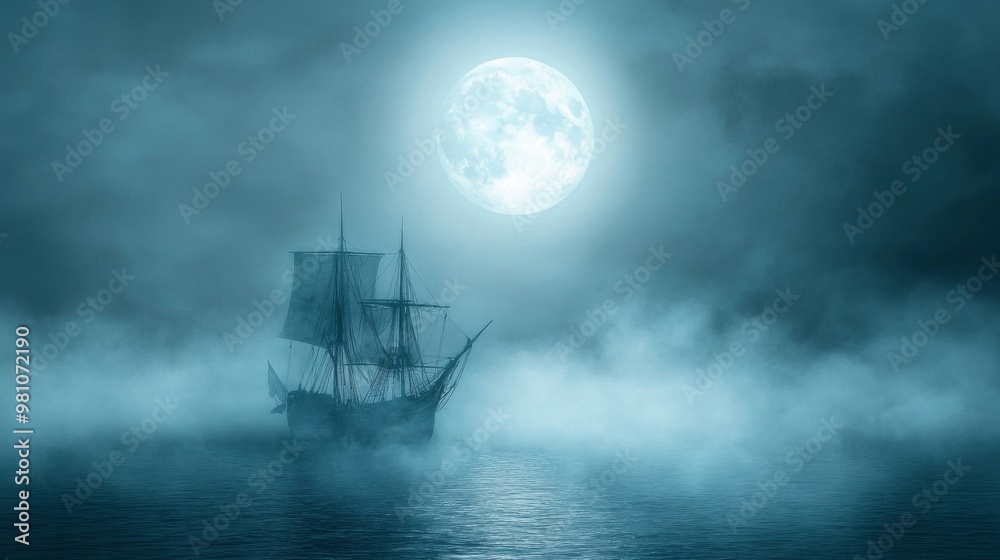 A Tall Ship Sailing in the Moonlight Through a Foggy Sea