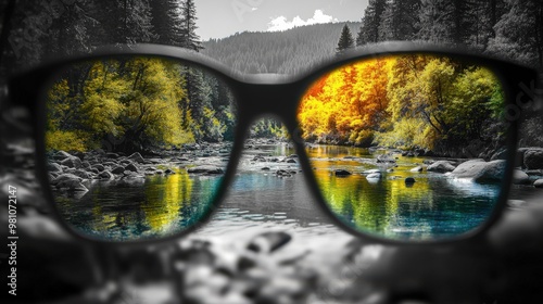 Perception. Different World View through Women's Eyeglasses in Colorful Forest Scene