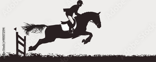 A horse is jumping over a fence. The horse is black and white. The rider is wearing a helmet