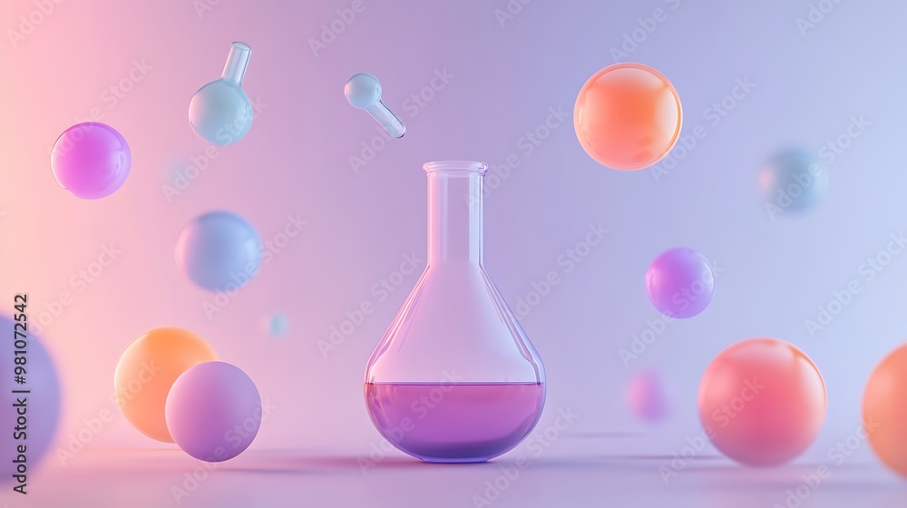 A glass beaker with purple liquid and colorful spheres floating against a pink and blue gradient background.