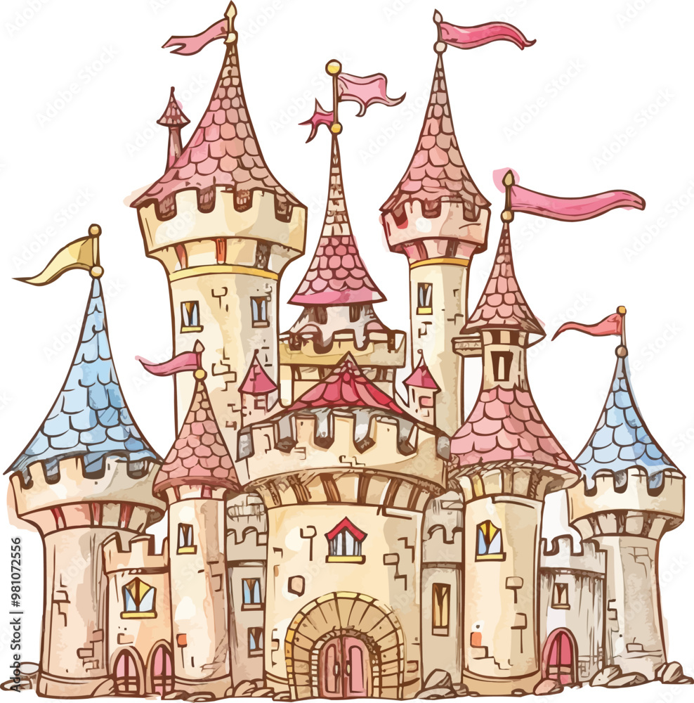 Fototapeta premium Draw a magical fairy tale castle with turrets and flags, perfect for childrenâ?Ts books and fantasy designs, hand-drawn vector art.