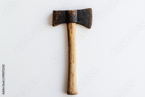 A weathered axe with a wooden handle against a white background.