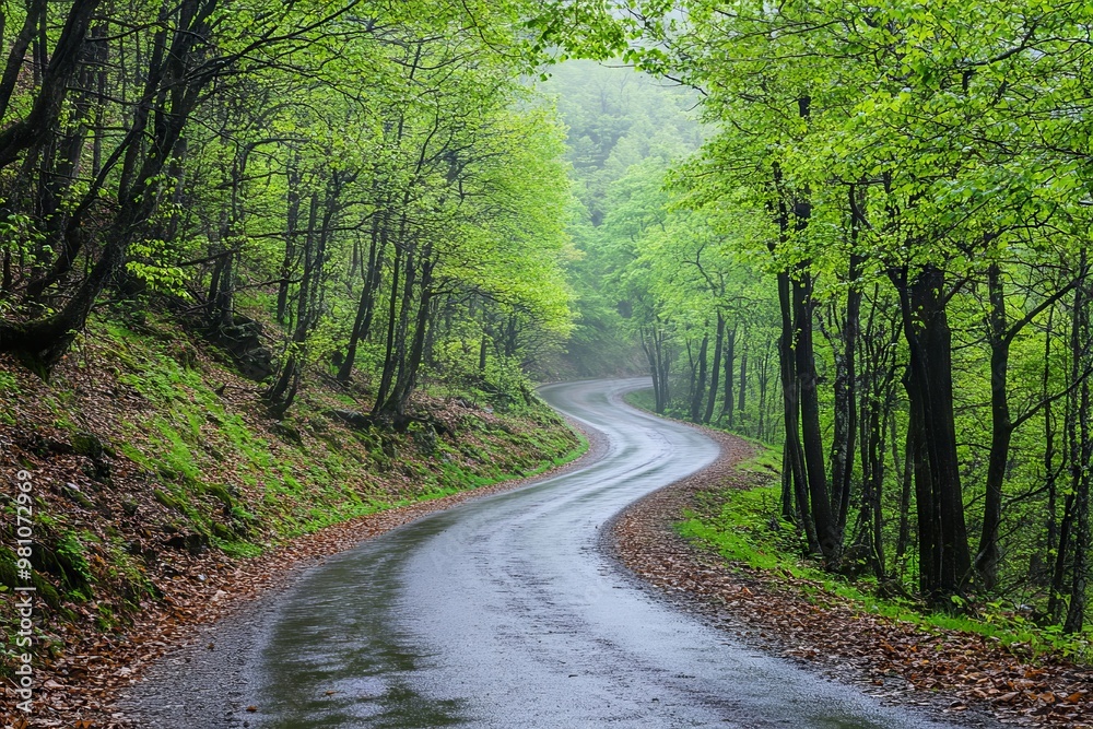 Fototapeta premium Winding Forest Road in Spring with Green Trees and Misty Morning Light. AI generated illustration